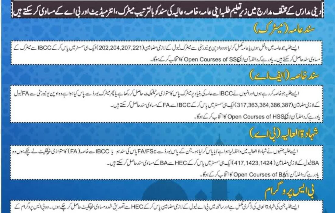 طلبا و طالبات علامہ اقبال اوپن یونیورسٹی سے ایک ہی سمسٹر میں امتحان پاس کر کے مساوی سند ضرور حاصل کریں